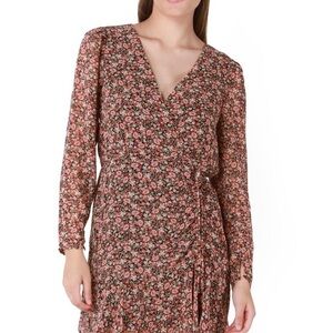 Elegant Floral Long Sleeve Dress - Black and Pink